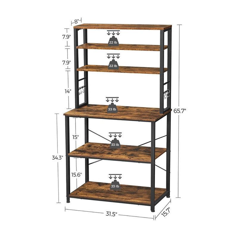 VASAGLE 6 Tier Storage Shelves with 6 Hooks Rustic Brown and Black KKS019B01