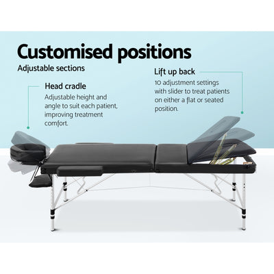 Zenses Massage Table 75cm Portable 3 Fold Aluminium Beauty Bed Black