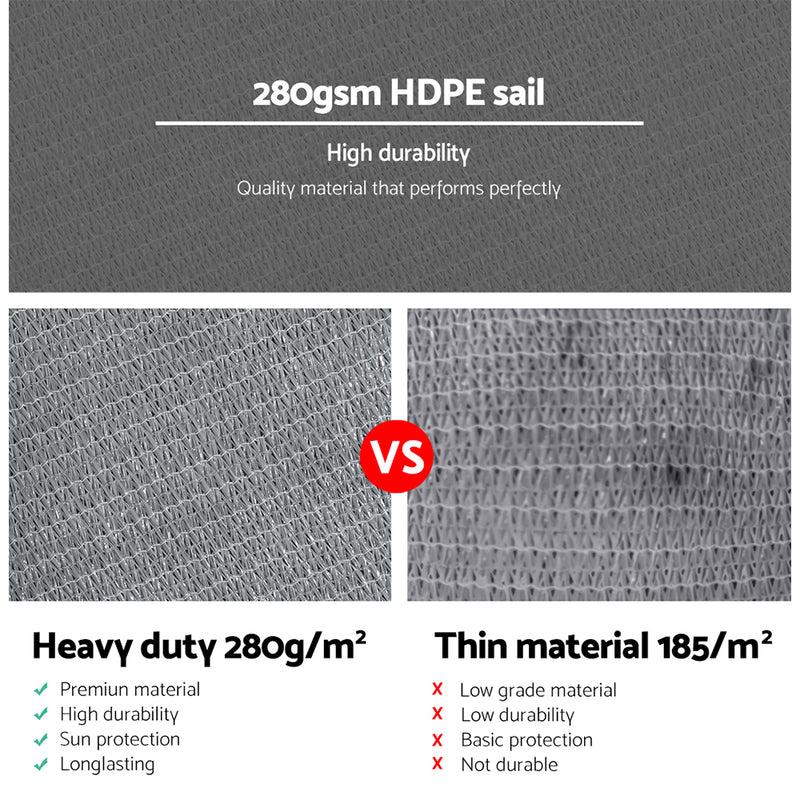 Instahut Shade Sail 3x3m Square 280GSM 98% Grey Shade Cloth