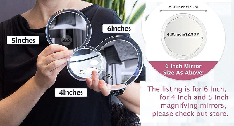 20X Magnifying Hand Mirror with Suction Cups Use for Makeup Application, Tweezing, and Blackhead/Blemish Removal (15 cm Black)