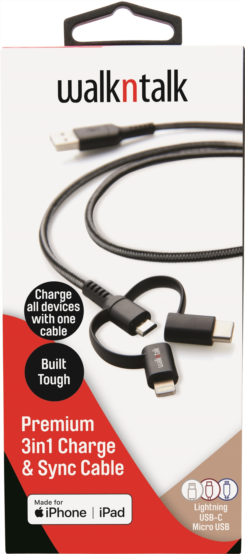 Walk n Talk 3in1 Charge & Sync Cable Lightning/USB-C/Micro USB
