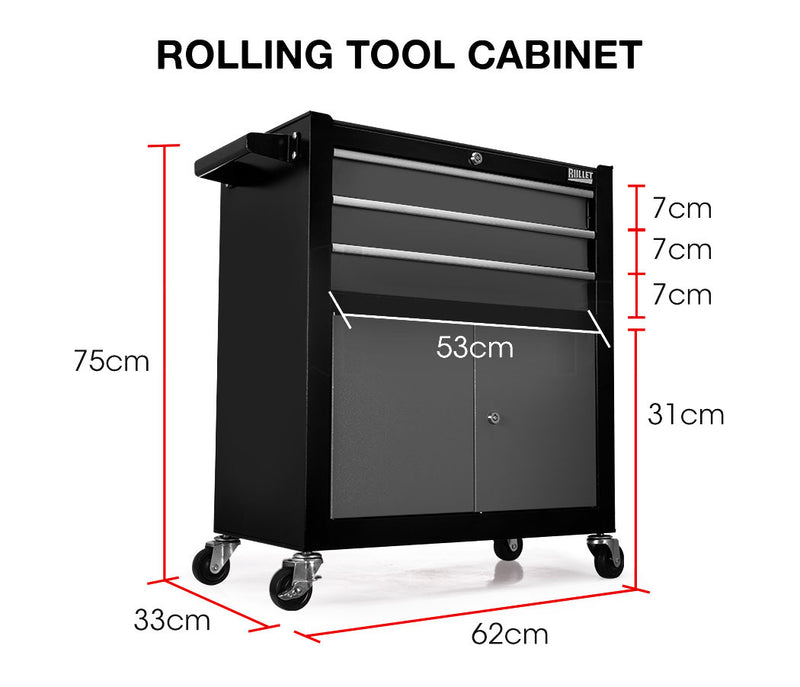 BULLET Tool Chest Cabinet Box Trolley Rolling Wheels Drawer Storage Steel Black