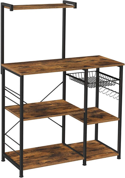 VASAGLE Baker_‹_s Rack with Shelves Microwave Stand with Wire Basket 6 S-Hooks Rustic Brown KKS35X