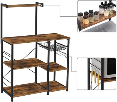 VASAGLE Baker's Rack with Shelves Microwave Stand with Wire Basket 6 S-Hooks Rustic Brown KKS35X