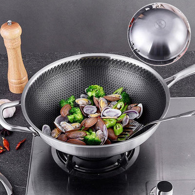 304 Stainless Steel 34cm Non-Stick Stir Fry Cooking Kitchen Wok Pan with Lid Honeycomb Single Sided