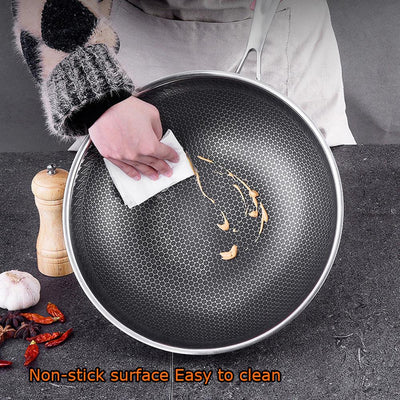 304 Stainless Steel Non-Stick Stir Fry Cooking Kitchen Wok Pan without Lid Honeycomb Single Sided