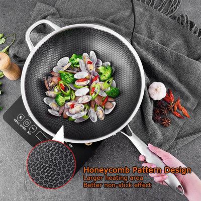 304 Stainless Steel Non-Stick Stir Fry Cooking Kitchen Wok Pan with Lid Honeycomb Double Sided