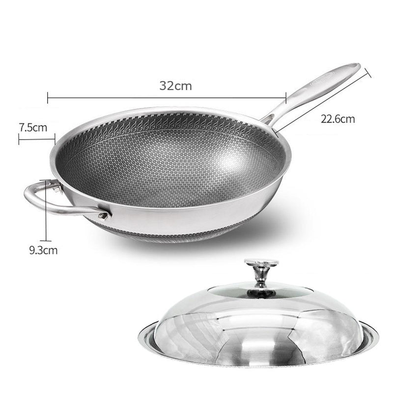32cm 316 Stainless Steel Non-Stick Stir Fry Cooking Kitchen Wok Pan with Lid Honeycomb Double Sided
