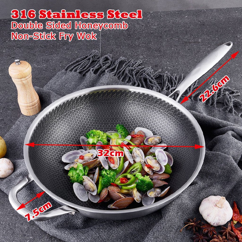 32cm 316 Stainless Steel Non-Stick Stir Fry Cooking Kitchen Wok Pan with Lid Honeycomb Double Sided