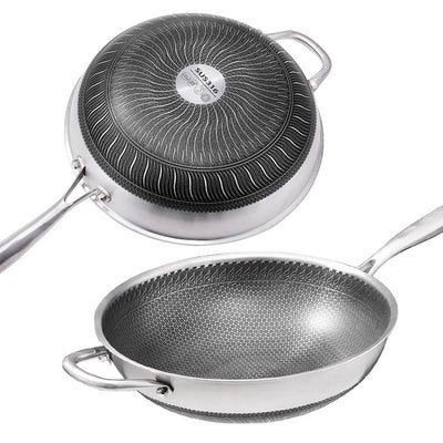 316 Stainless Steel Non-Stick Stir Fry Cooking Kitchen Wok Pan with Lid Honeycomb Double Sided