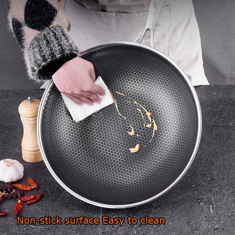 316 Stainless Steel 34cm Non-Stick Stir Fry Cooking Kitchen Wok Pan without Lid Honeycomb Double Sided
