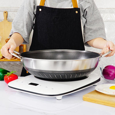 304 Stainless Steel 34cm Double Ear Non-Stick Stir Fry Cooking Kitchen Wok Pan Without Lid Honeycomb Double Sided