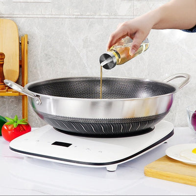 304 Stainless Steel 34cm Double Ear Non-Stick Stir Fry Cooking Kitchen Wok Pan Without Lid Honeycomb Double Sided