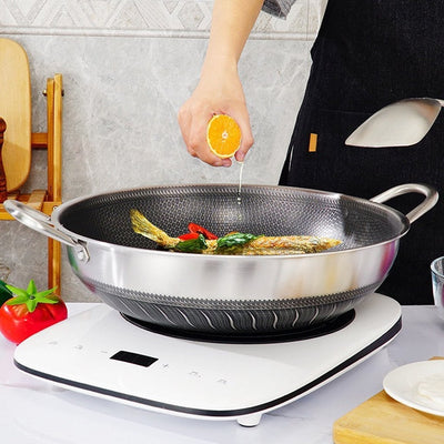 304 Stainless Steel 34cm Non-Stick Stir Fry Cooking Kitchen Wok Pan Without Lid Honeycomb Double Sided