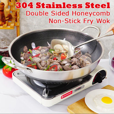304 Stainless Steel 36cm Non-Stick Stir Fry Cooking Kitchen Wok Pan without Lid Honeycomb Double Sided