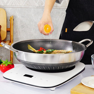 304 Stainless Steel 36cm Double Ear Non-Stick Stir Fry Cooking Kitchen Wok Pan without Lid Honeycomb Double Sided