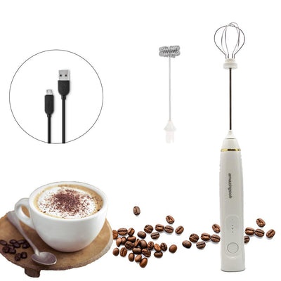 USB Charging Electric Egg Beater Milk Frother Handheld Drink Coffee Foamer AU with 2 Stainless Steel Whisks White
