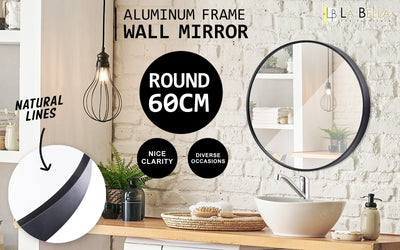 Wall Mirror Round Aluminum Frame Bathroom 60cm BLACK