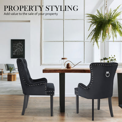 2X French Provincial Dining Chair Ring Studded Velvet Rubberwood Leg LISSE BLACK