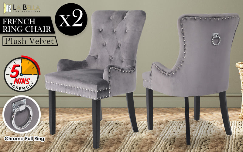 2X French Provincial Dining Chair Ring Studded Velvet Rubberwood Leg LISSE GREY