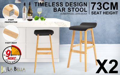 2X Wooden Bar Stool Dining Chair Fabric DARA 73cm BLACK