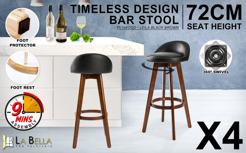 4X Wooden Bar Stool Dining Chair Leather LEILA 72cm BLACK BROWN