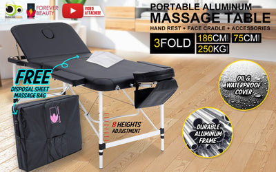 Aluminium Portable Beauty Massage Table Bed 3 Fold 75cm Black