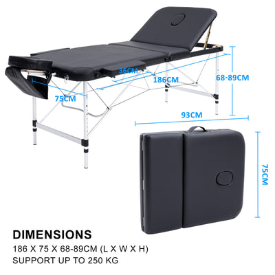 Aluminium Portable Beauty Massage Table Bed 3 Fold 75cm Black
