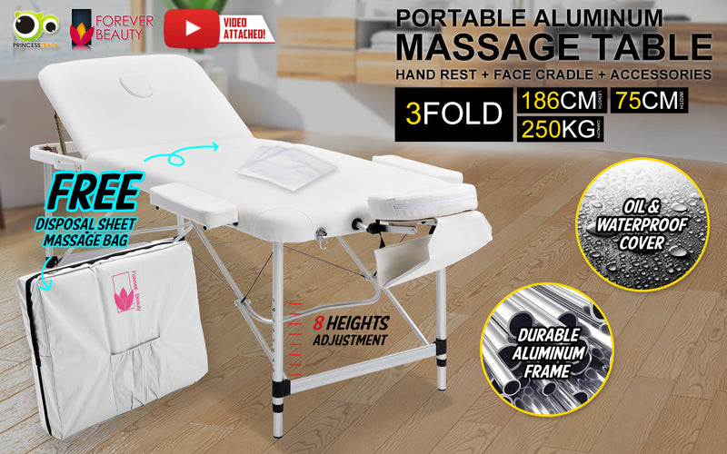 Aluminium Portable Beauty Massage Table Bed 3 Fold 75cm White