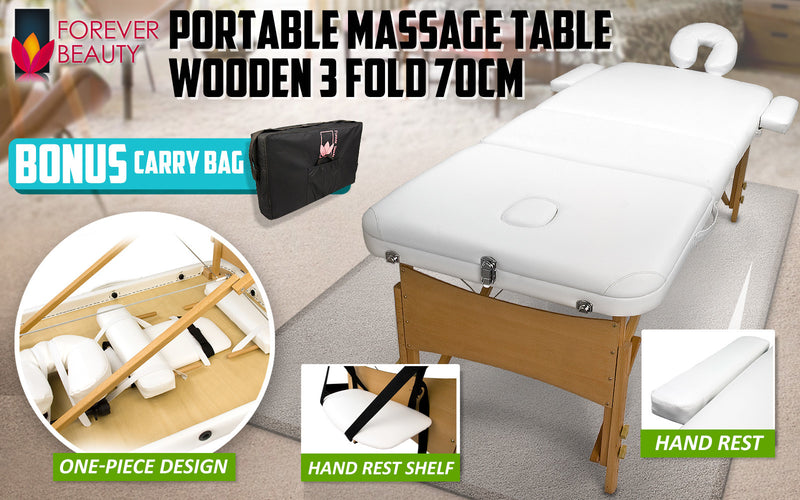 Wooden Portable Beauty Massage Table Bed 3 Fold 70cm WHITE